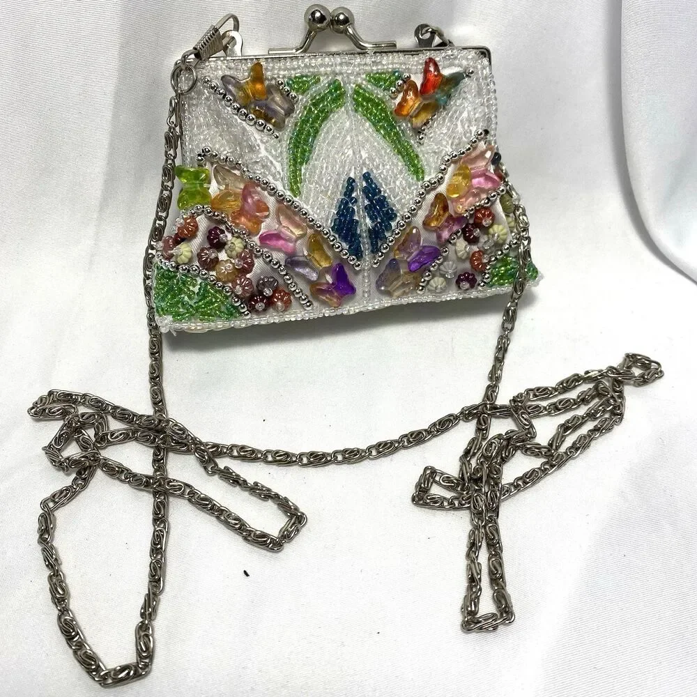 Cross Shoulder Bead Rhinestone Coin Purse Kiss-Lock Frame Vintage Butterflies